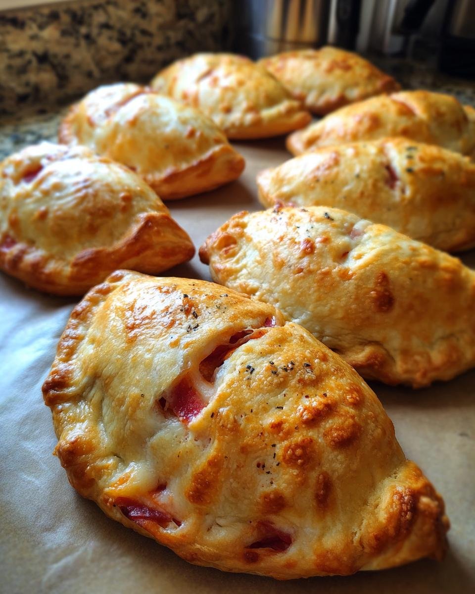 Golden brown football pizza pockets filled with cheese and pepperoni, perfect for game day.