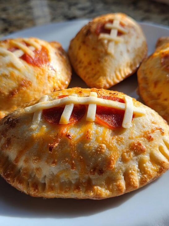 Close-up of Game Day Delight Football Pizza Pockets on a white plate, decorated like footballs with pepperoni and cheese.