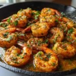 Close-up of juicy garlic butter shrimp, seasoned and garnished with parsley, served in a cast-iron skillet.