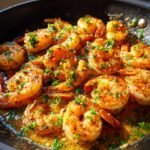 Close-up of juicy garlic butter shrimp cooked in a skillet, garnished with fresh parsley.
