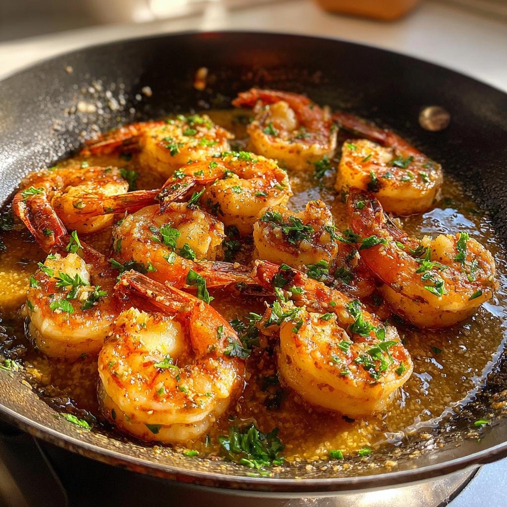 Close-up of juicy garlic butter shrimp sizzling in a pan, garnished with fresh parsley.