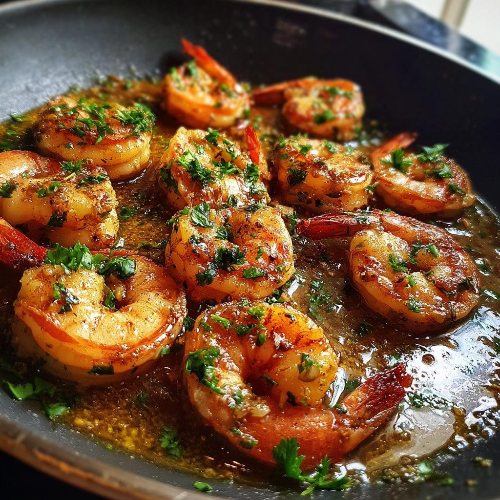 Close-up of succulent garlic butter shrimp sizzling in a pan, garnished with fresh parsley. Part of our shrimp recipes collection.