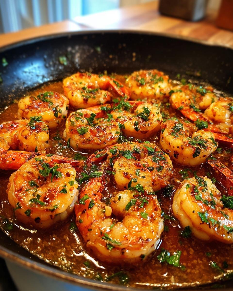 Close-up of succulent garlic butter shrimp cooked in a skillet, garnished with fresh parsley.