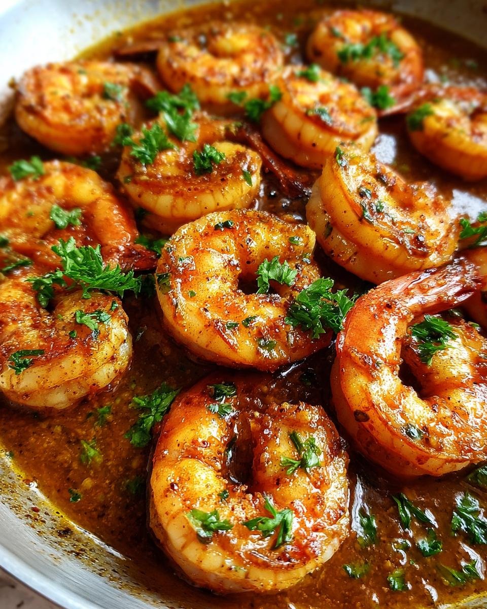 Close-up of juicy garlic butter shrimp in a skillet, garnished with fresh parsley. A delicious shrimp recipe.