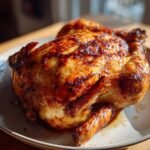 A perfectly roasted golden rotisserie chicken sits on a plate, ready to be served.