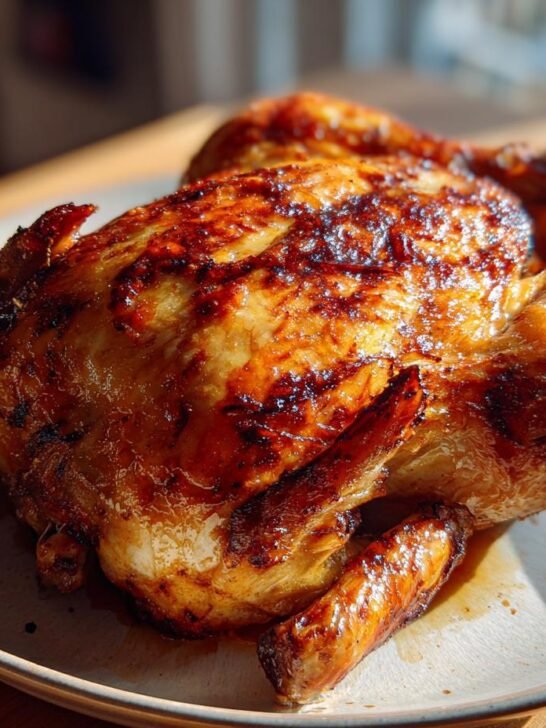 A perfectly roasted golden rotisserie chicken sits on a plate, ready to be served.