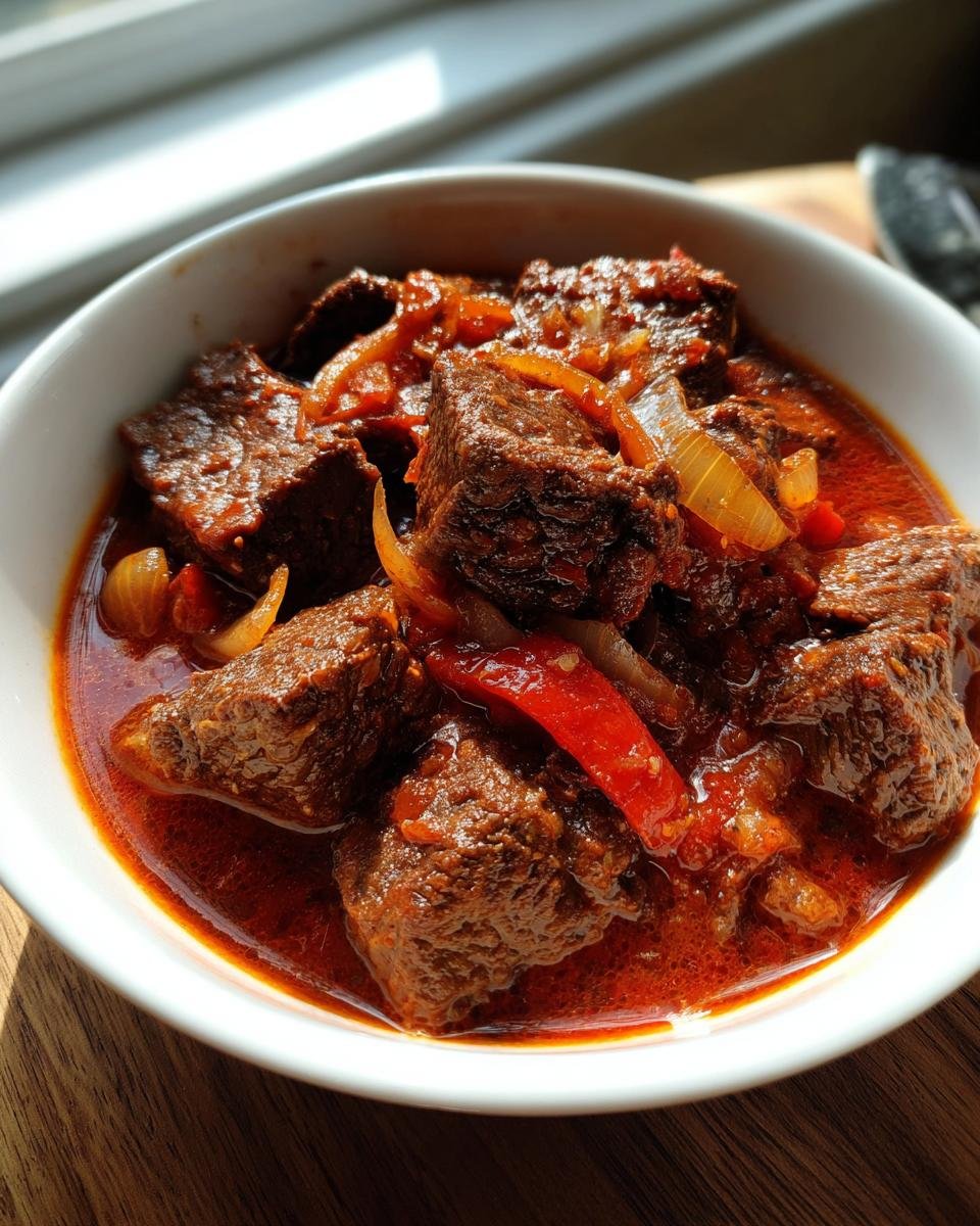 A close-up of a white bowl filled with tender beef chunks in a rich, red goulash sauce with onions and peppers.