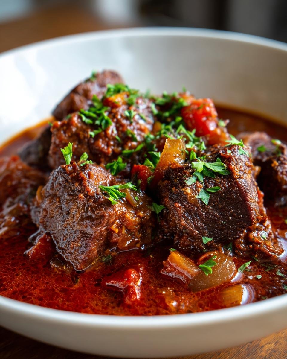 A close-up of a rich and hearty goulash recipe, featuring tender chunks of beef in a deep red sauce, garnished with fresh parsley.