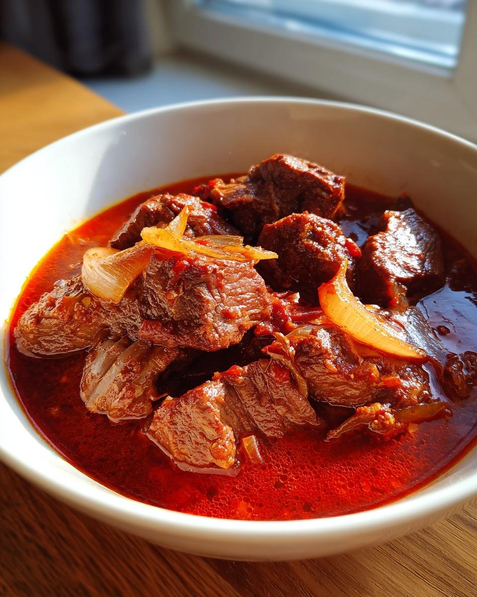 A close-up of a rich, red goulash recipe in a white bowl, featuring tender chunks of beef and onions.