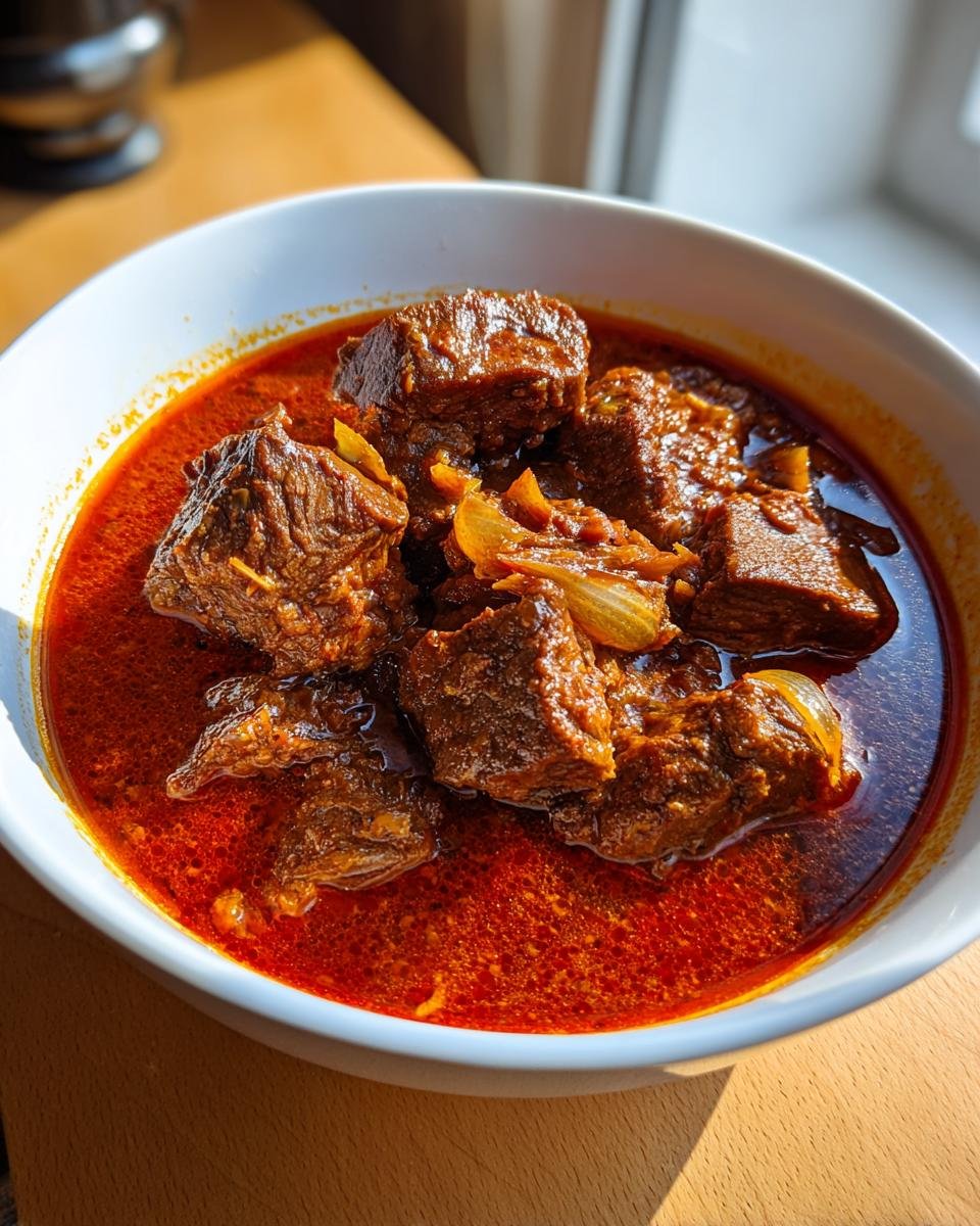 A close-up of a rich, red goulash recipe with tender chunks of beef and onions in a white bowl.