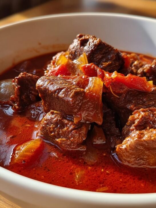 A close-up shot of a rich and savory goulash recipe in a white bowl, featuring tender chunks of beef in a deep red sauce with onions and tomatoes.