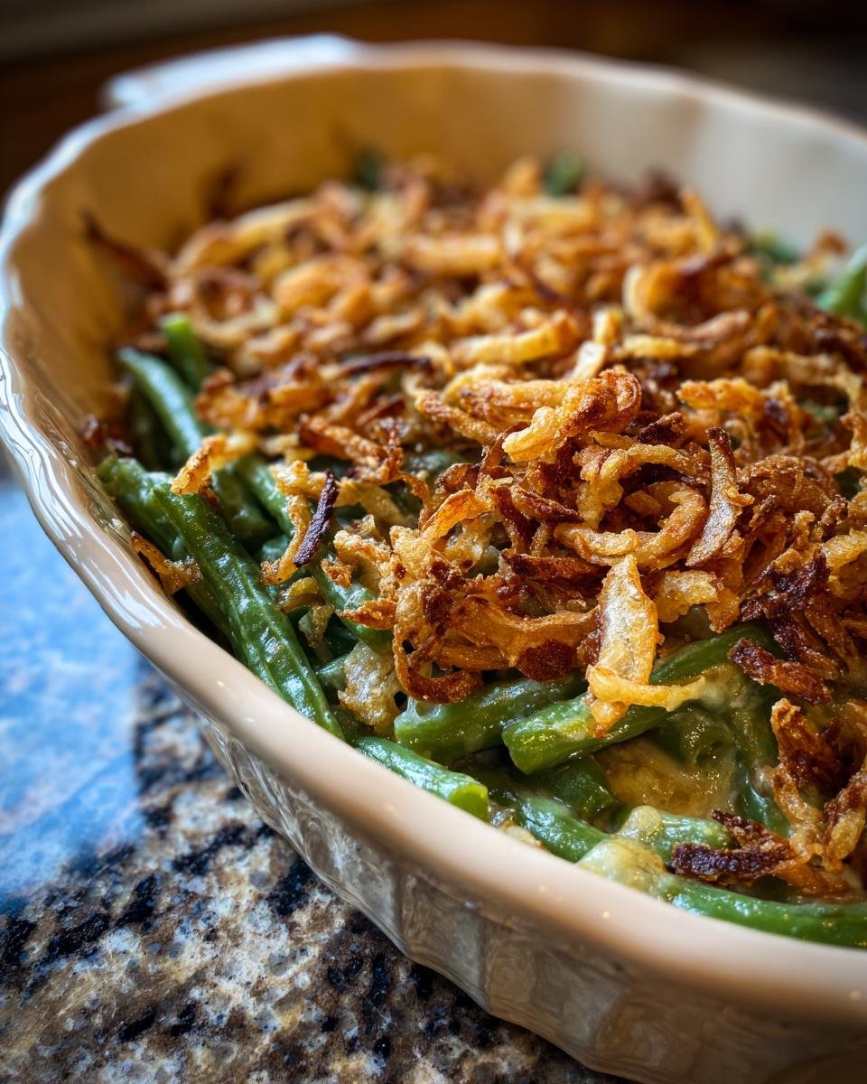 Close-up of a classic green bean casserole recipe, featuring tender green beans in a creamy sauce, generously topped with crispy fried onions.