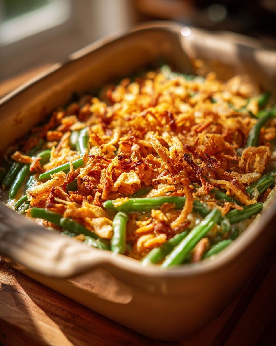 Close-up of a freshly baked green bean casserole in a baking dish, topped with crispy fried onions.