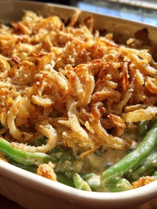 Close-up of a classic green bean casserole recipe, topped with crispy fried onions in a white baking dish.