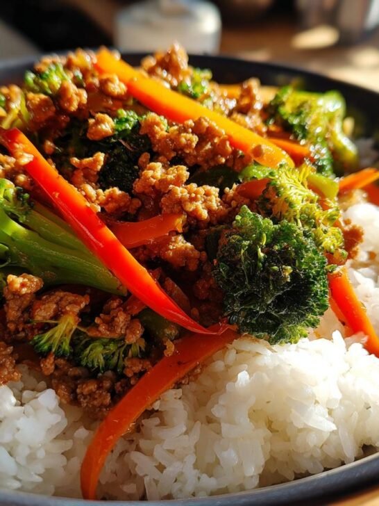 A close-up of a bowl filled with fluffy white rice topped with a savory ground chicken stir-fry featuring broccoli florets, sliced carrots, and red bell peppers.