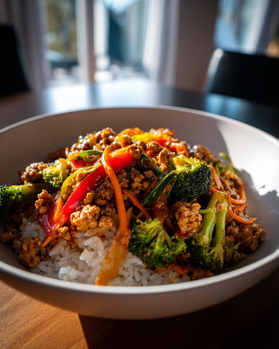 A bowl of white rice topped with a savory ground chicken stir fry featuring broccoli, red bell peppers, and carrots.