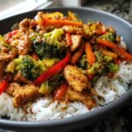 A bowl of white rice topped with a colorful ground chicken stir fry, featuring broccoli, carrots, and red bell peppers.