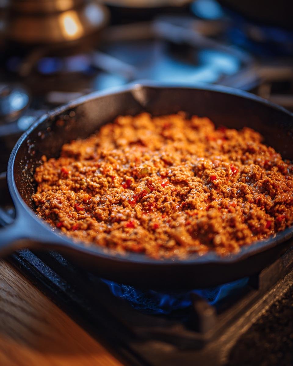 Close-up of ground turkey mixture cooking in a cast iron skillet on a gas stove.