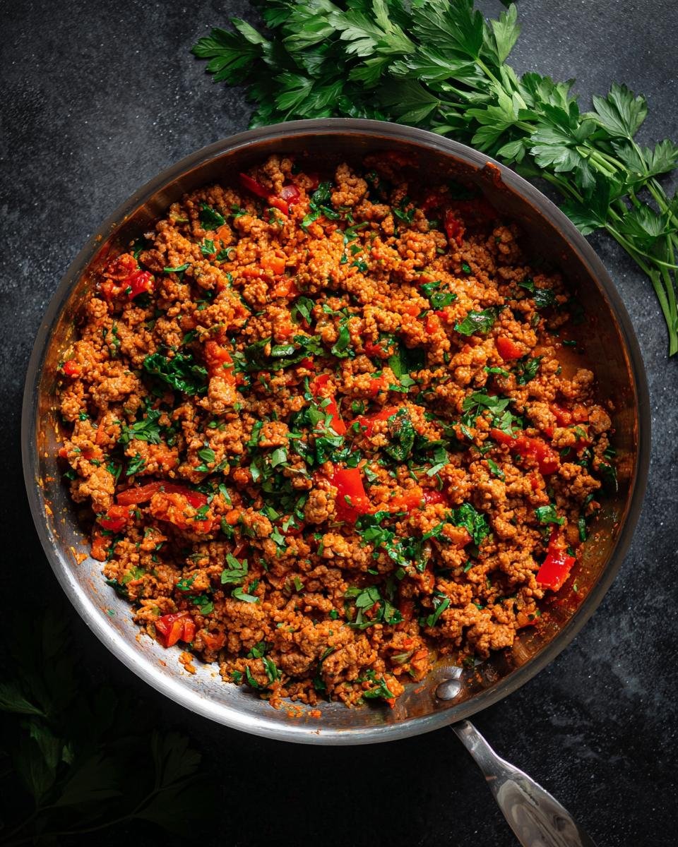 A close-up overhead view of a skillet filled with seasoned ground turkey, diced red peppers, and fresh parsley, a key component of ground turkey recipes.