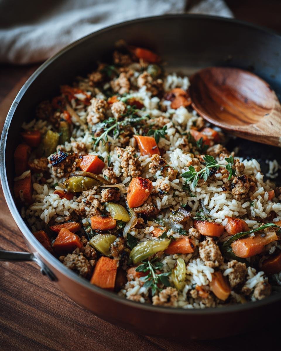 A close-up of a skillet filled with a ground turkey recipe, rice, carrots, and herbs.