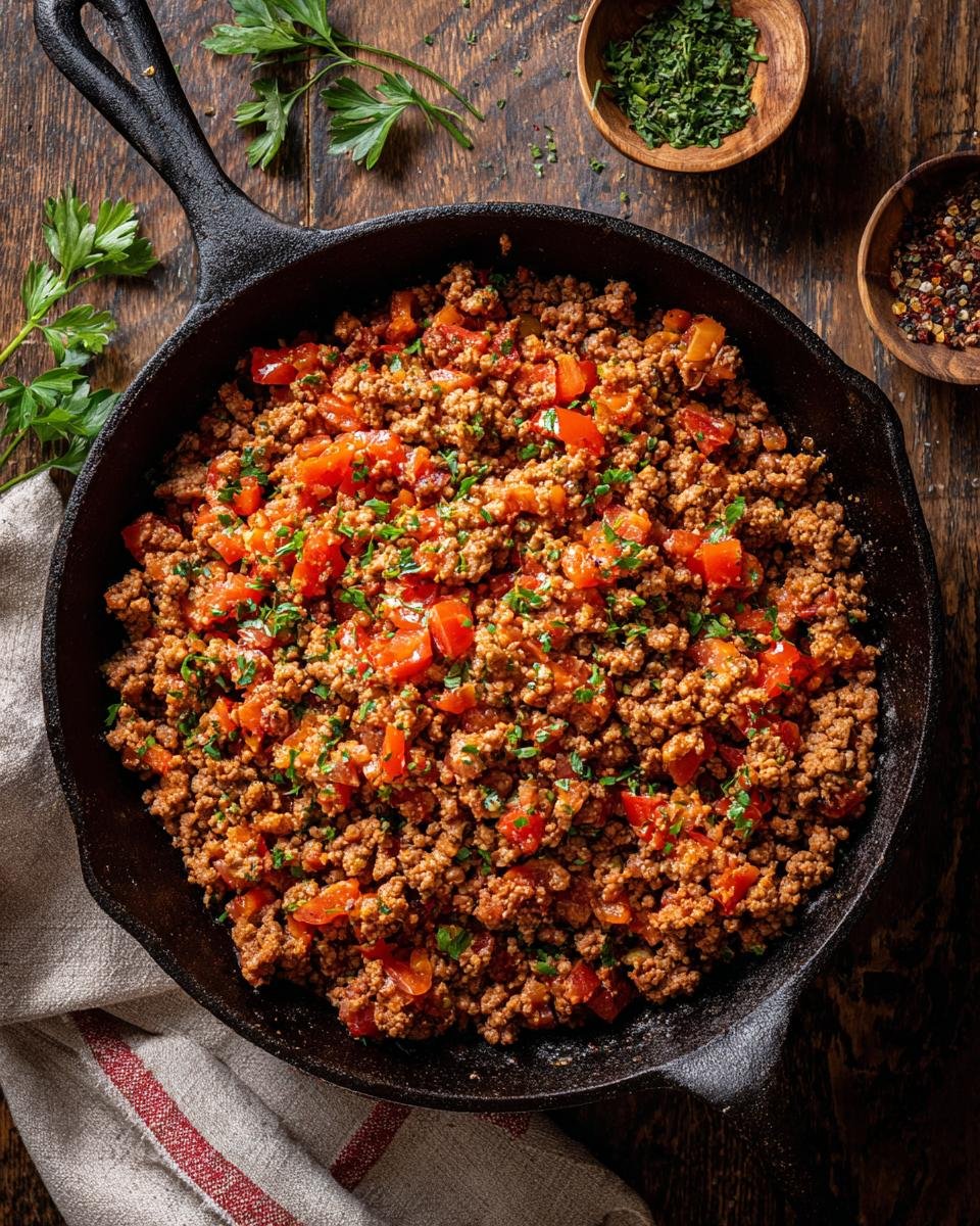 A cast iron skillet filled with seasoned ground turkey and diced tomatoes, garnished with fresh parsley. A delicious ground turkey recipe.