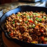 A close-up of a cast-iron skillet filled with seasoned ground turkey and colorful diced vegetables, a delicious ground turkey recipe.