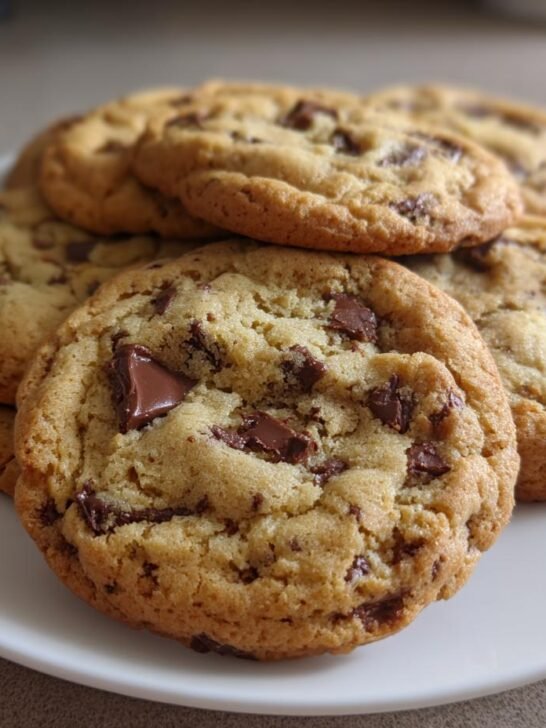 A close-up of a plate piled high with delicious, healthy chocolate chip cookies.