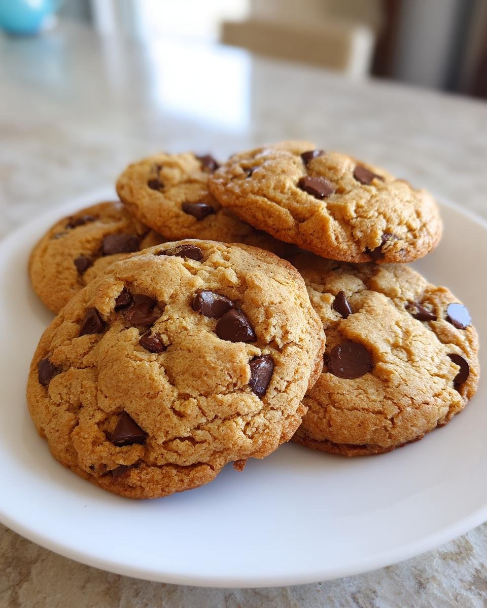 A stack of delicious healthy chocolate chip cookies on a white plate, perfect for indulging.