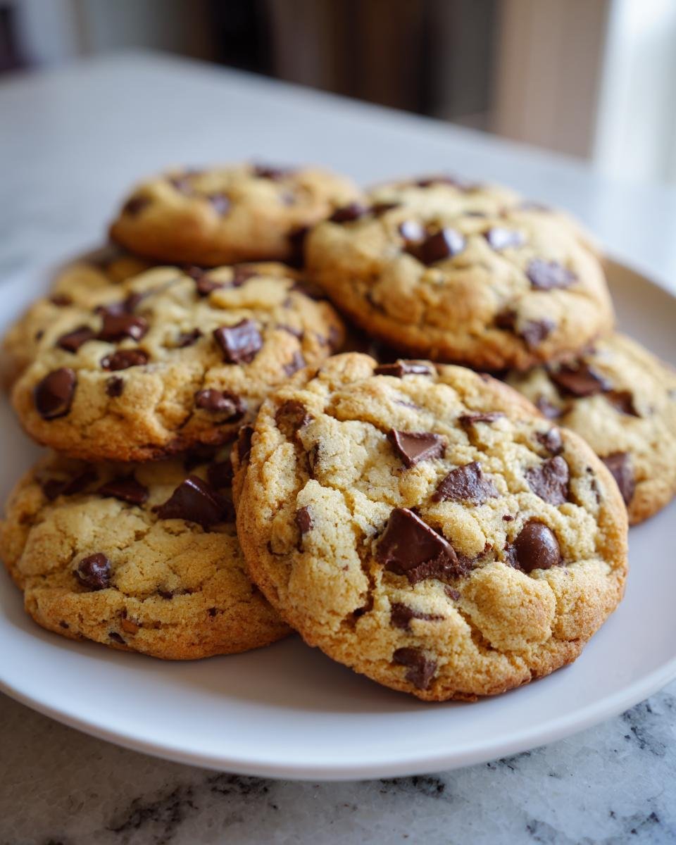 A stack of freshly baked healthy chocolate chip cookies, generously studded with dark chocolate chunks.