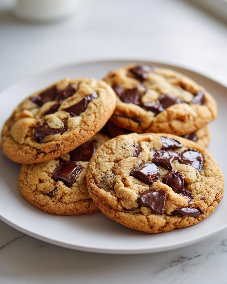 Close-up of delicious healthy chocolate chip cookies with generous chunks of dark chocolate.