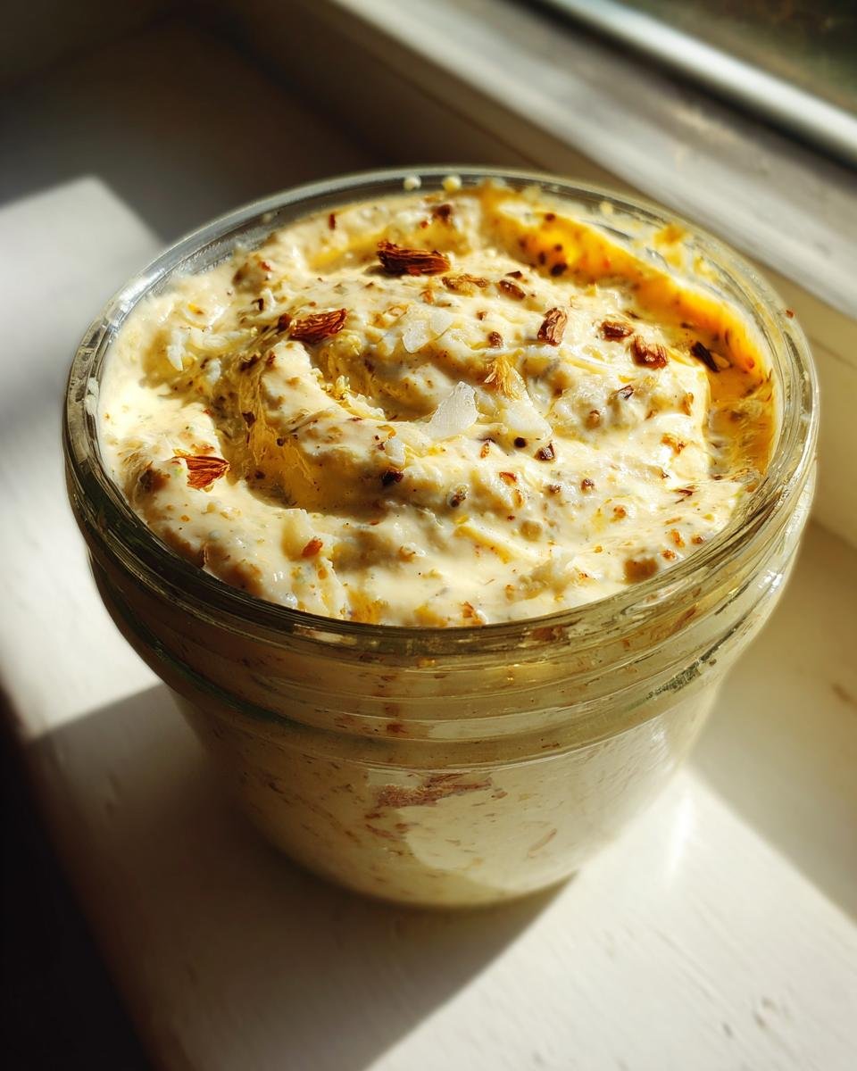 Close-up of a jar filled with creamy, homemade caesar dressing, topped with flakes and spices.