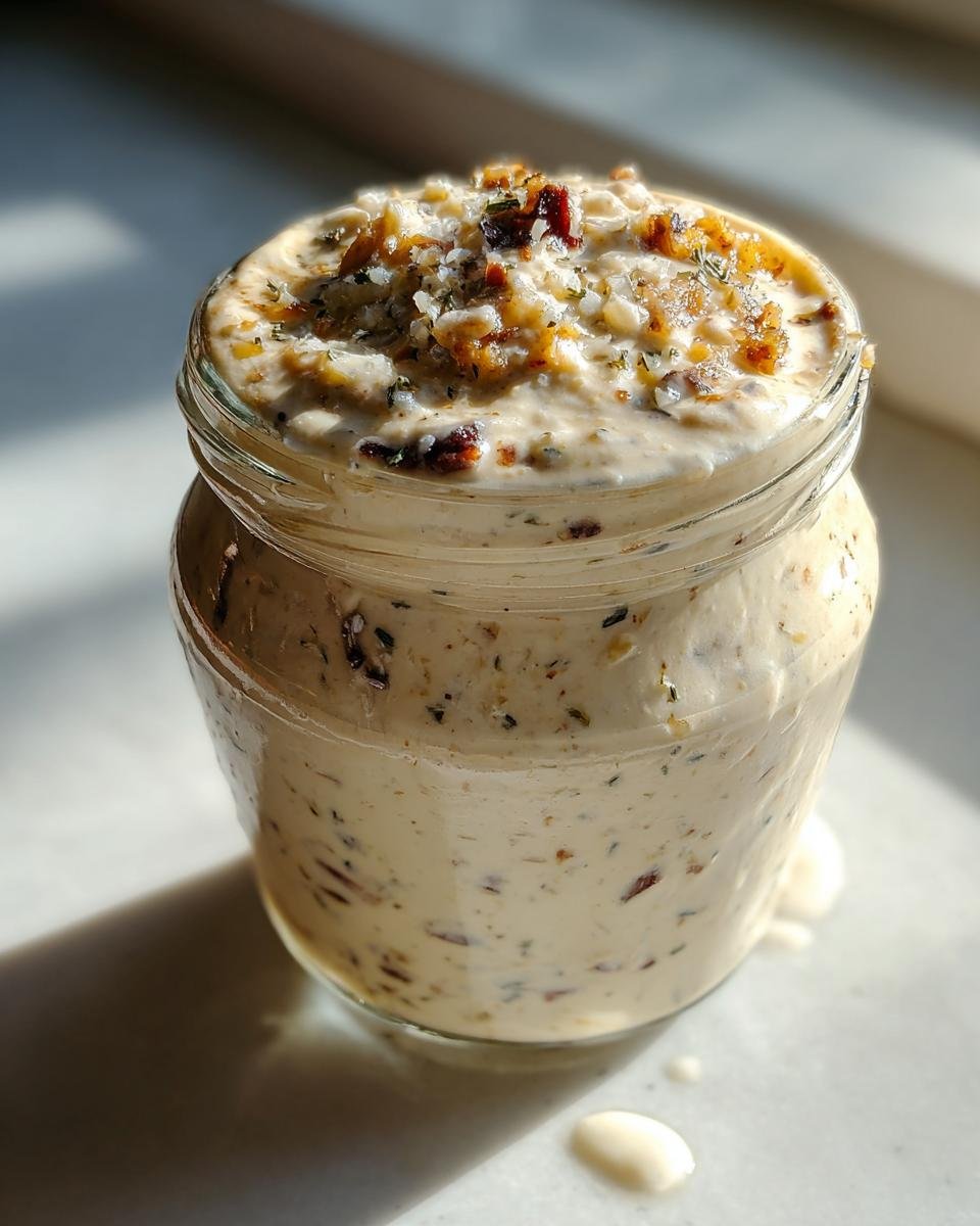 A close-up of a jar filled with creamy homemade caesar dressing, topped with parmesan and herbs.