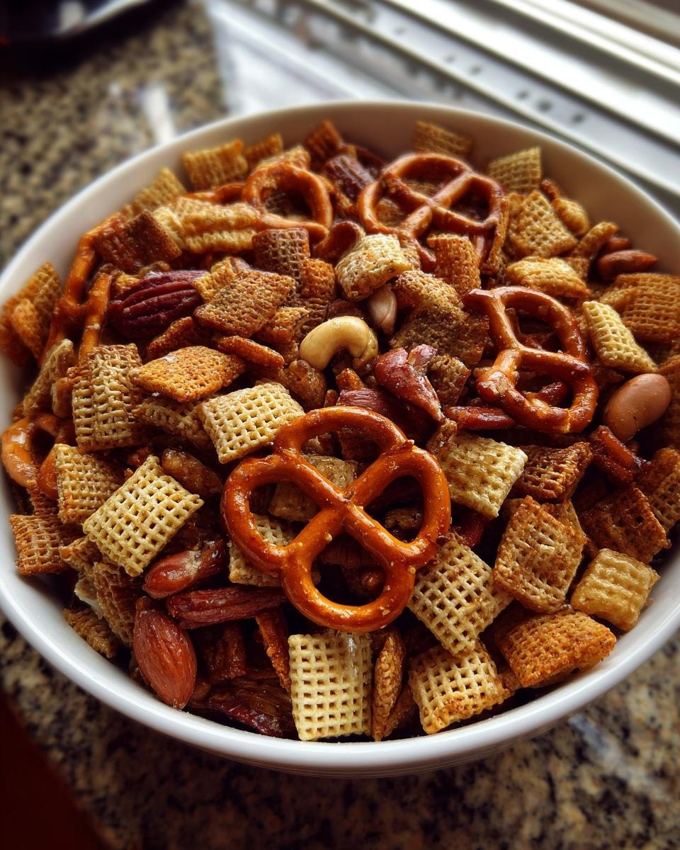 A close-up of a white bowl filled with a crunchy homemade Chex Mix recipe, featuring pretzels, nuts, and various Chex cereals.
