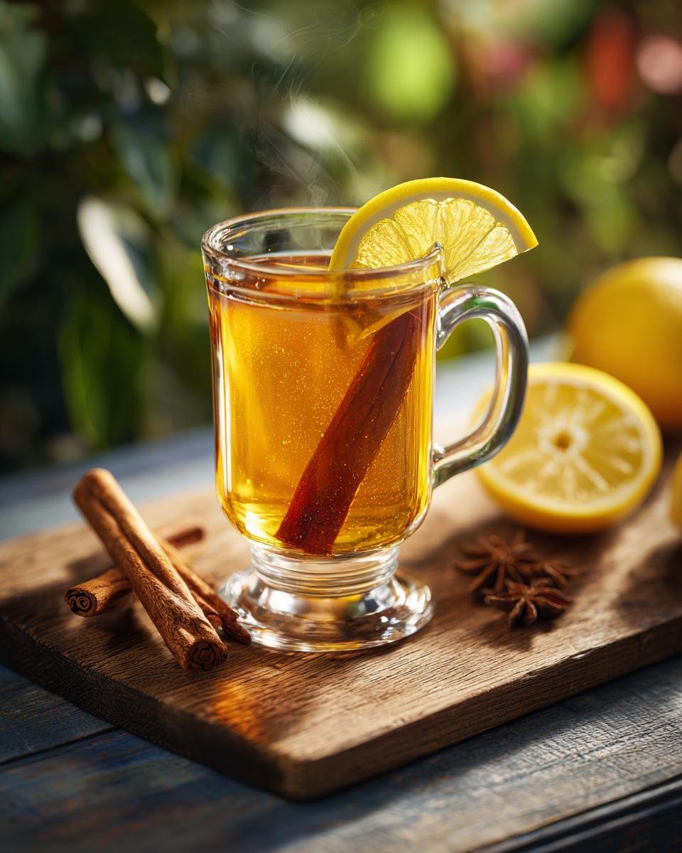 A steaming hot toddy recipe in a glass mug, garnished with a lemon slice and cinnamon stick, with lemons and star anise nearby.