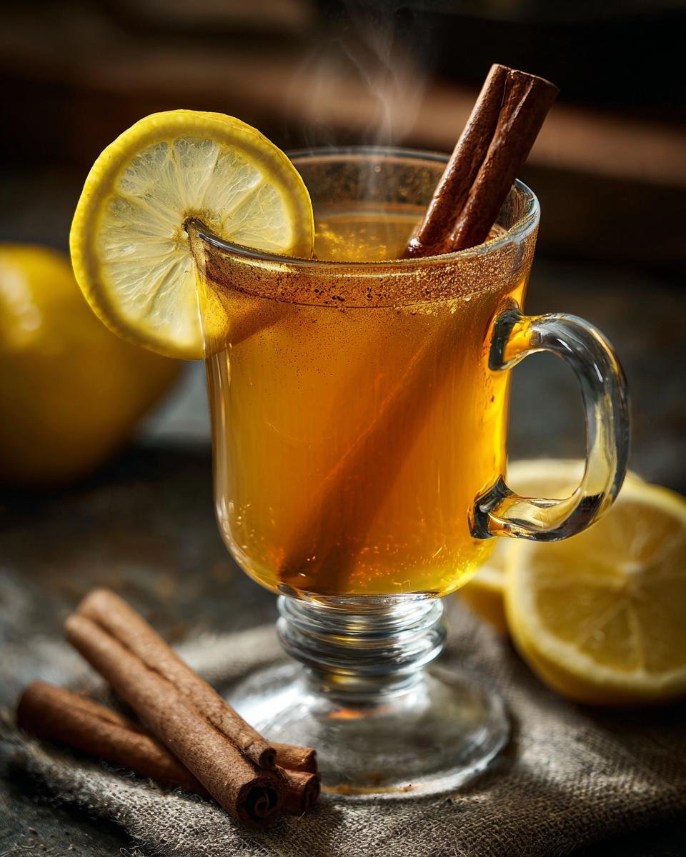 A steaming glass of hot toddy recipe with a lemon slice and cinnamon sticks, perfect for a cold day.