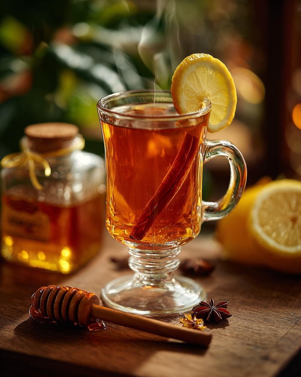 A steaming hot toddy recipe in a glass mug, garnished with a lemon slice and cinnamon stick, with honey and star anise nearby.