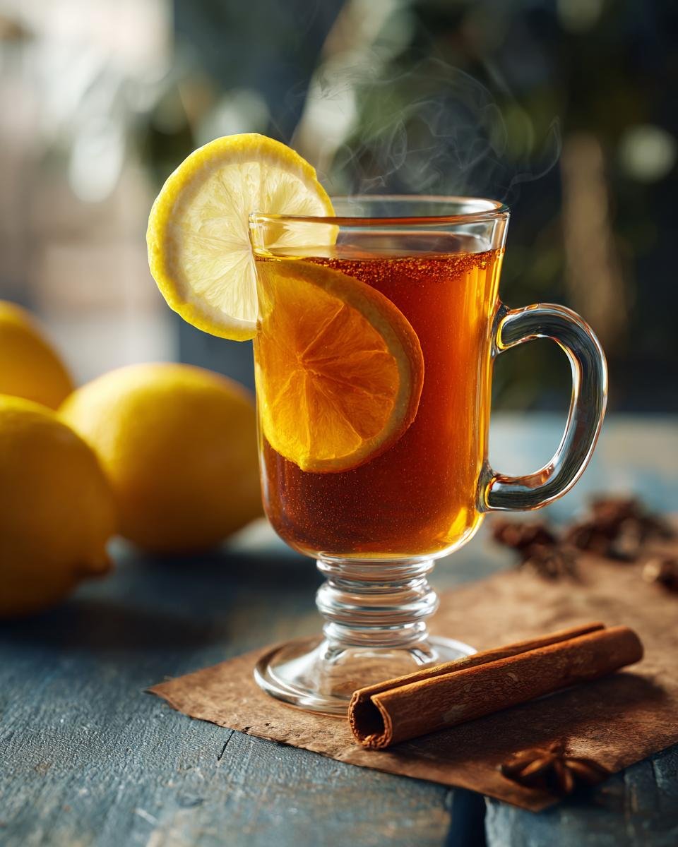 A warm and inviting hot toddy recipe in a glass mug, garnished with lemon and orange slices, with steam rising.