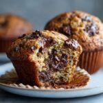 Close-up of an Indulgent Chocolate Chocolate Chip Muffin, with a bite taken out showing melted chocolate chips.
