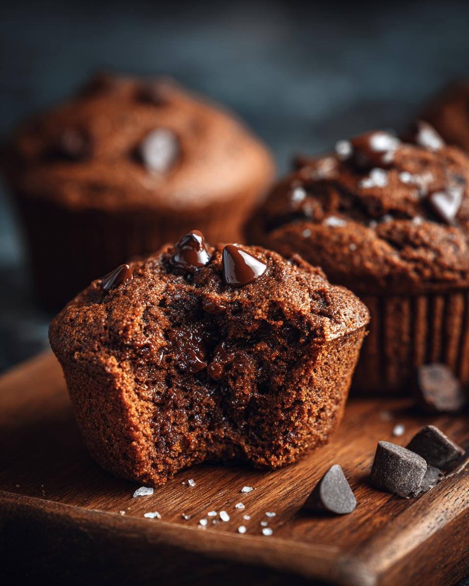 Close-up of an Indulgent Chocolate Chocolate Chip Muffin with a bite taken out, showing melted chocolate chips inside.