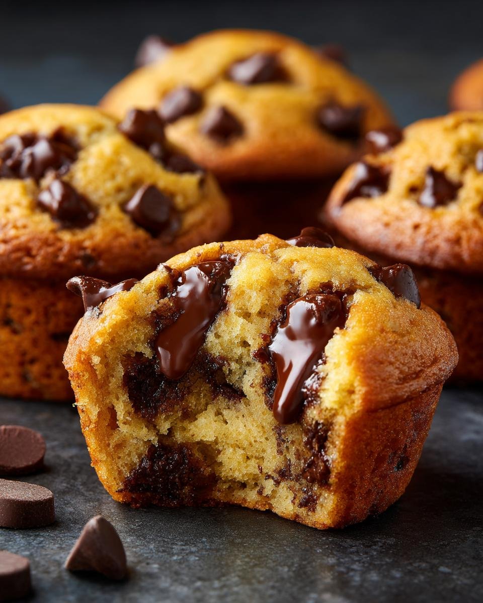 A close-up of an Indulgent Chocolate Chocolate Chip Muffin, with a bite taken out to reveal melted chocolate chips.