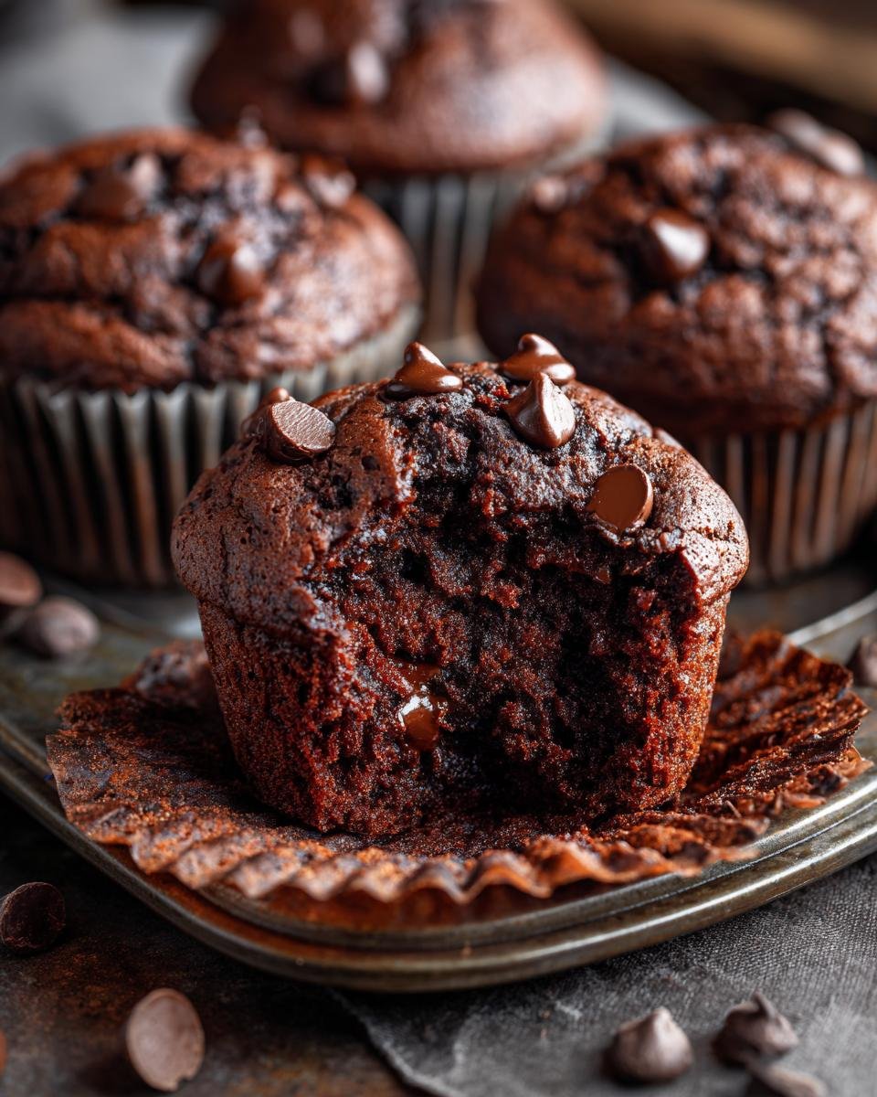 A close-up of an Indulgent Chocolate Chocolate Chip Muffin with a bite taken out, revealing a gooey center.