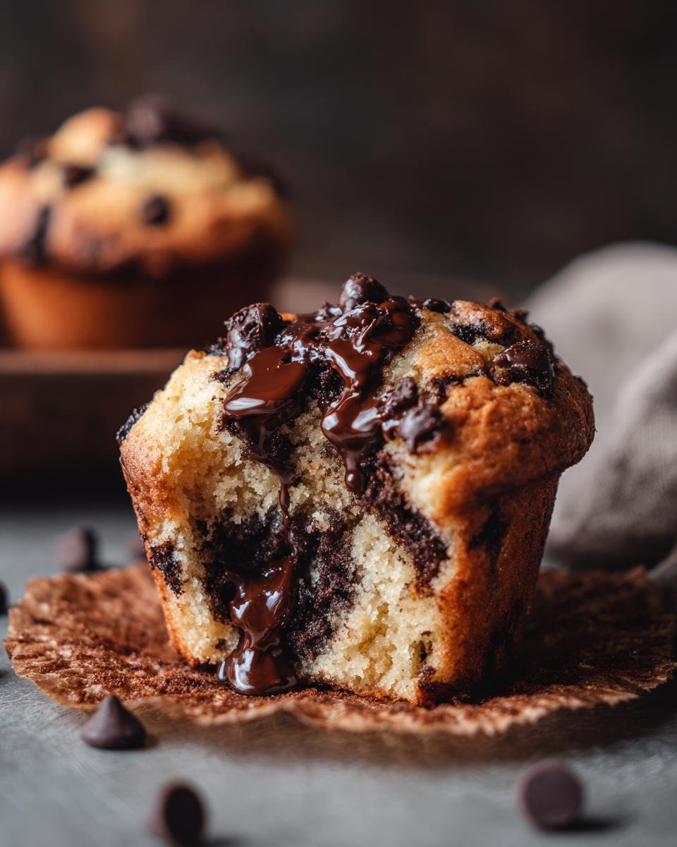 A close-up of an indulgent chocolate chocolate chip muffin, with melted chocolate oozing out.
