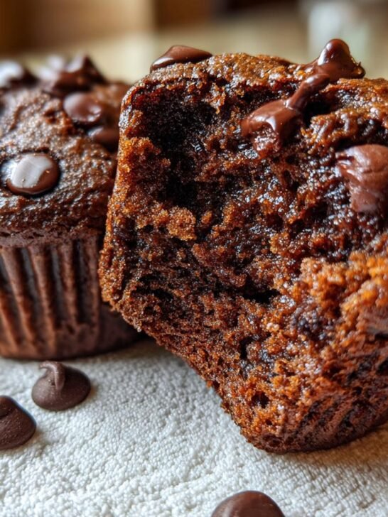 Close-up of two indulgent chocolate chocolate chip muffins, one halved to reveal a moist interior.