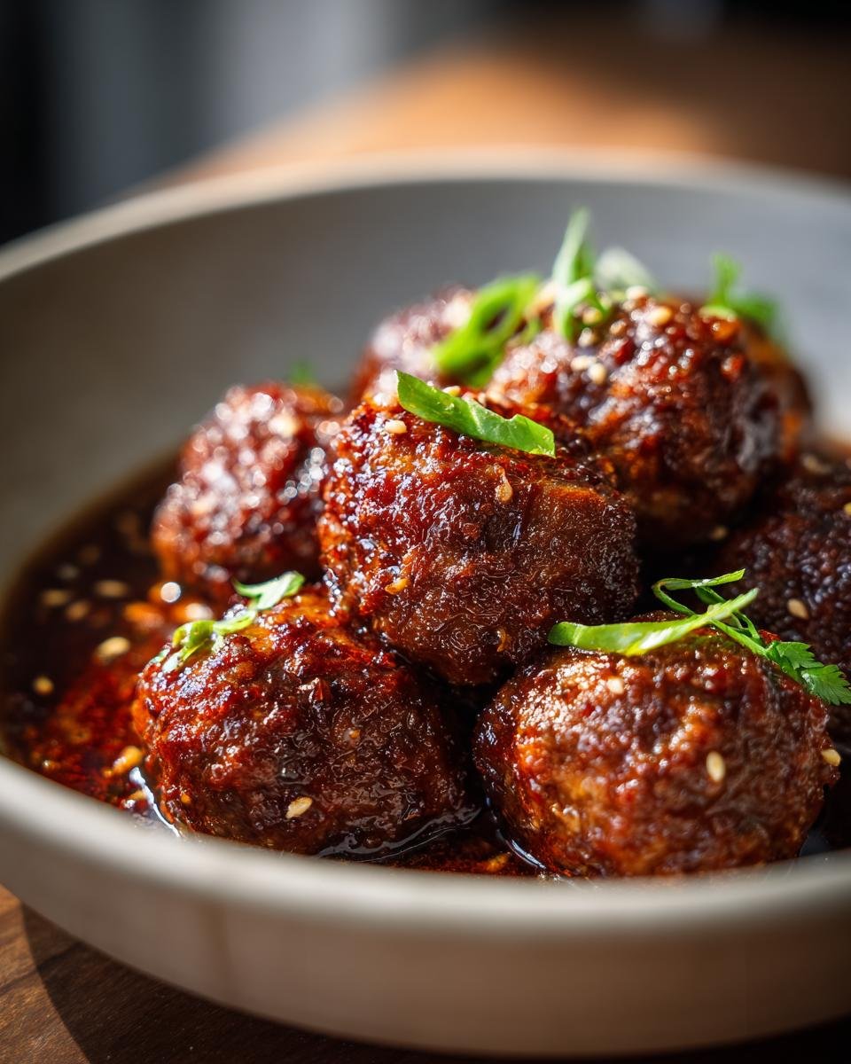 Close-up of Irresistible Asian Crockpot Meatballs coated in a glossy, dark sauce and garnished with green onions and sesame seeds.