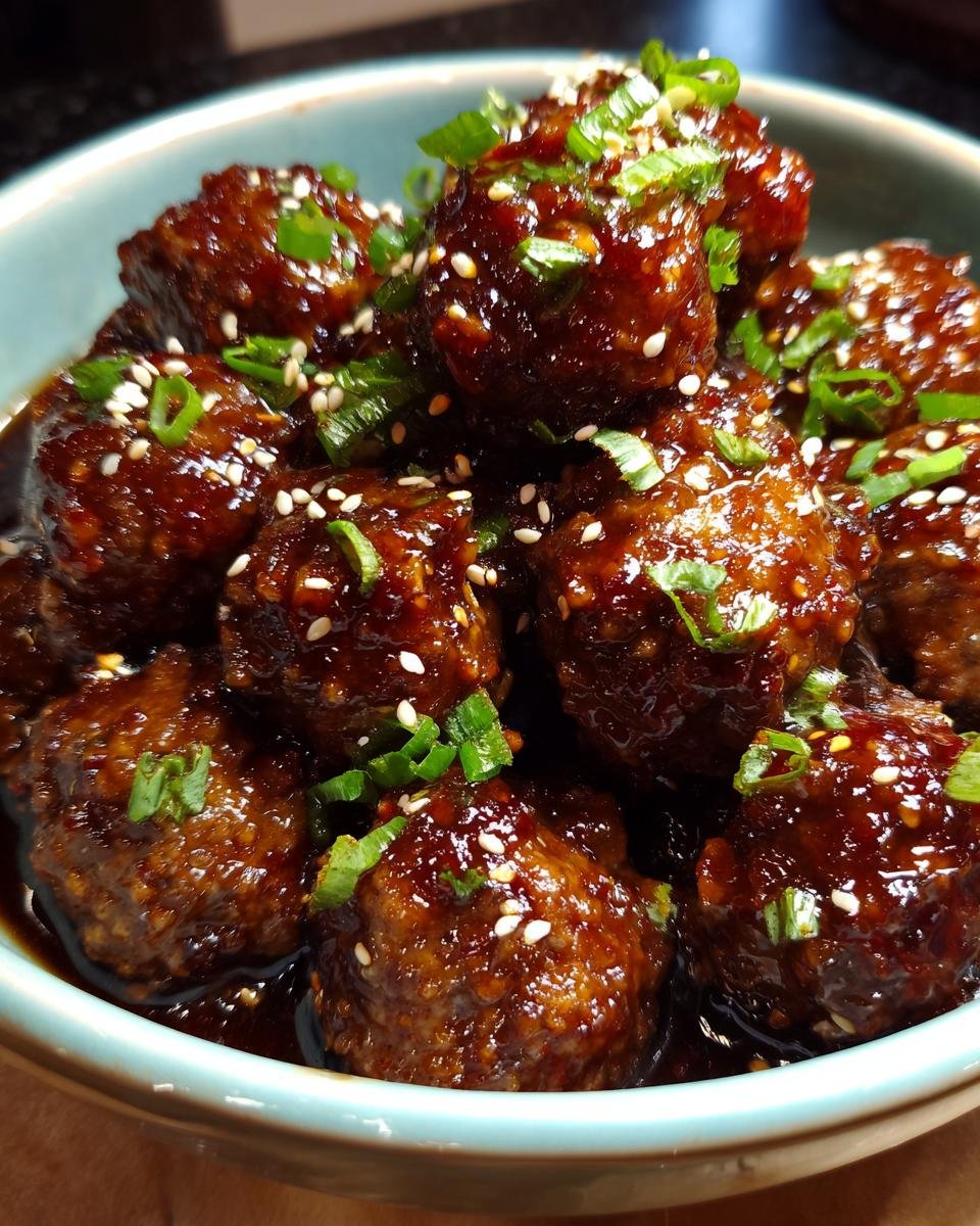 Close-up of Irresistible Asian Crockpot Meatballs glazed in a dark sauce, sprinkled with sesame seeds and chopped green onions.