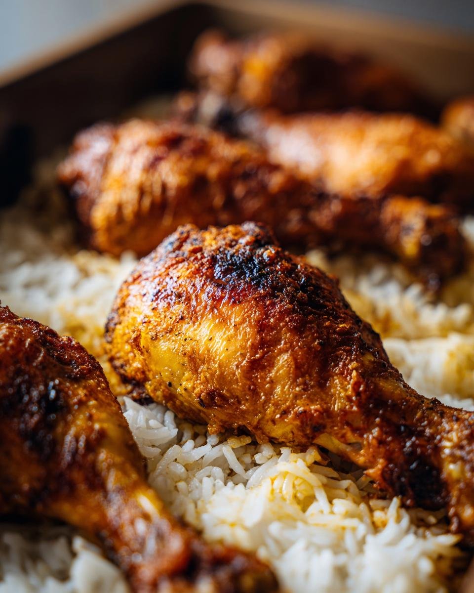 Close-up of golden-brown baked chicken legs resting on a bed of fluffy white rice.
