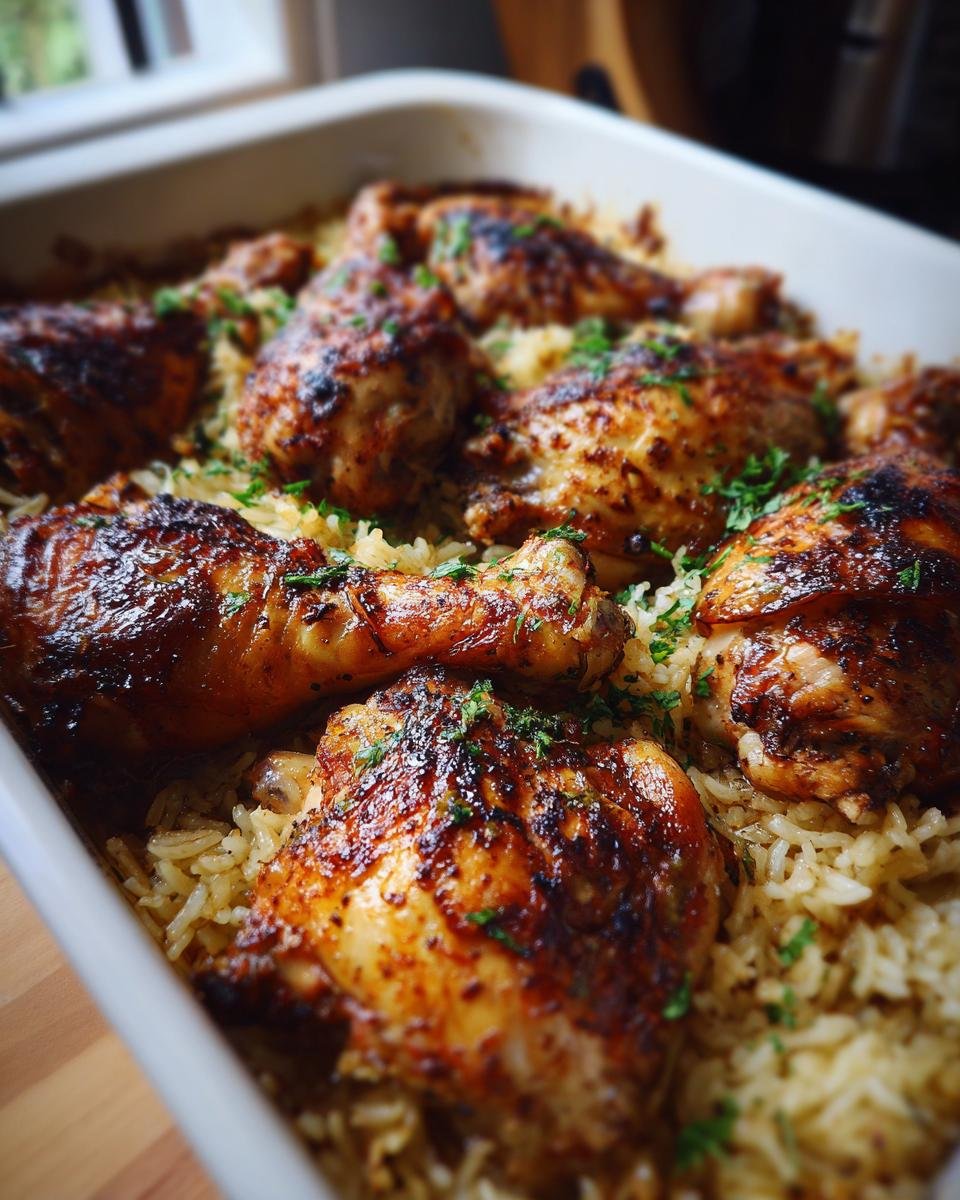 Close-up of golden-brown irresistible baked chicken legs and rice, garnished with fresh parsley.