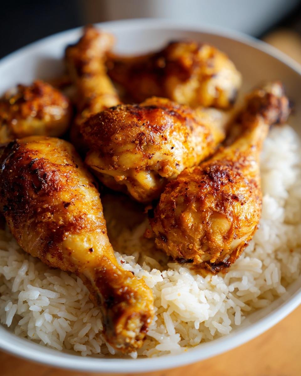 Close-up of golden brown, seasoned baked chicken legs served over fluffy white rice in a bowl.