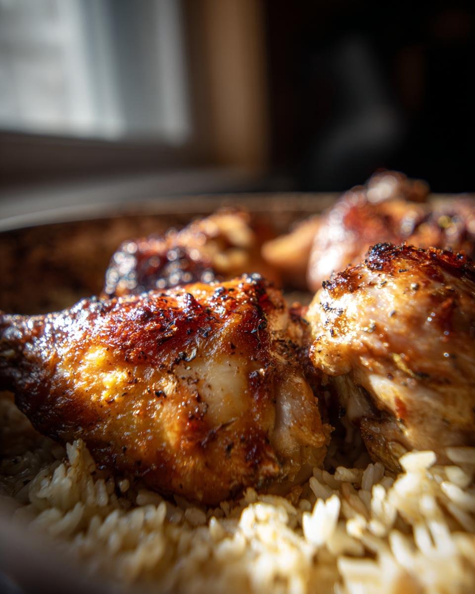Close-up of golden-brown, crispy baked chicken legs resting on a bed of fluffy white rice.