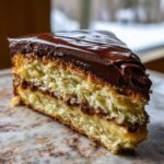 A tempting slice of Irresistible Boston Cream Pie, showcasing layers of yellow cake, creamy filling, and rich chocolate ganache.